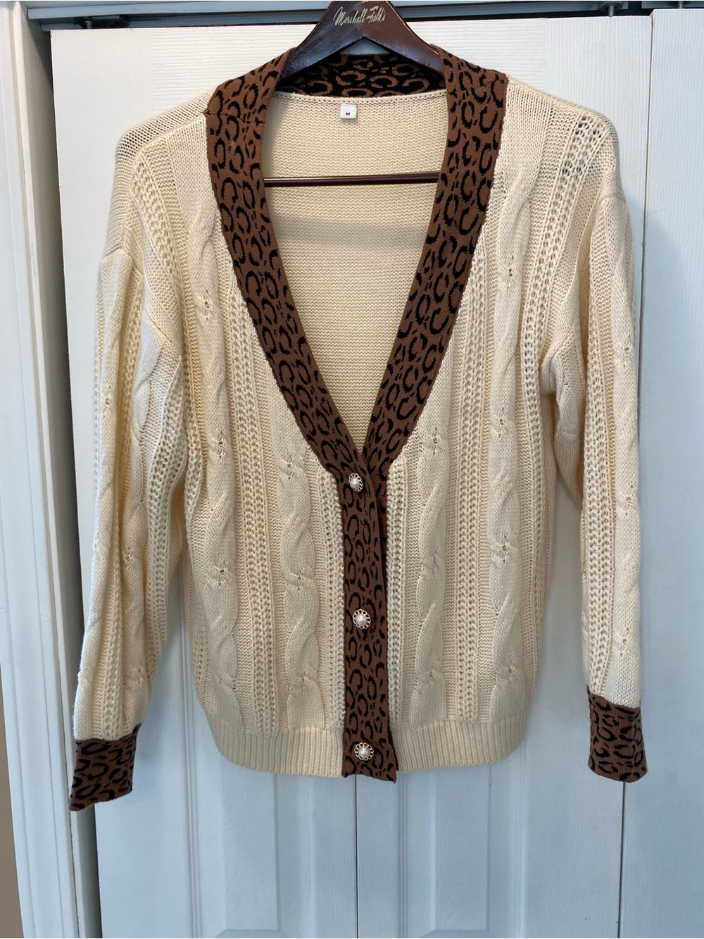 Cream Cable Knit Cardigan with Brown Leopard Trim and Decorative Button